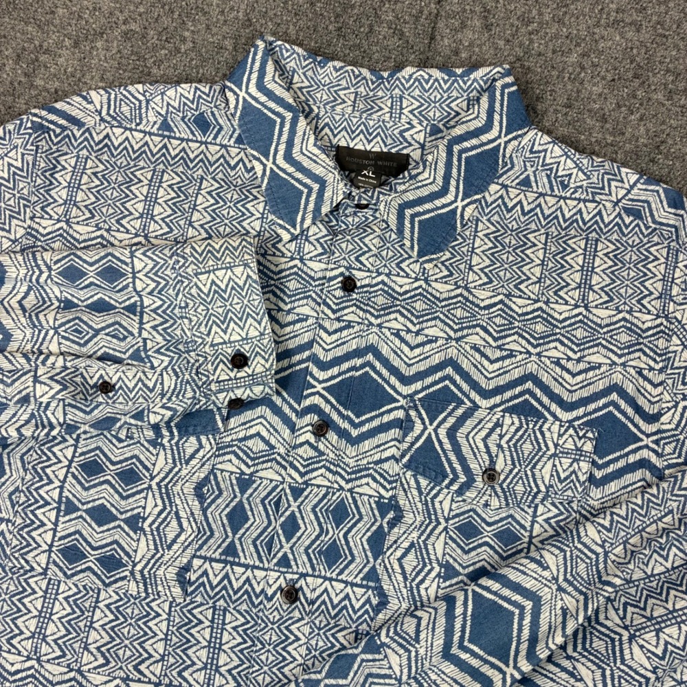 Houston White Mens XL Blue White Geometric Tribal Print Cotton Button Down Shirt